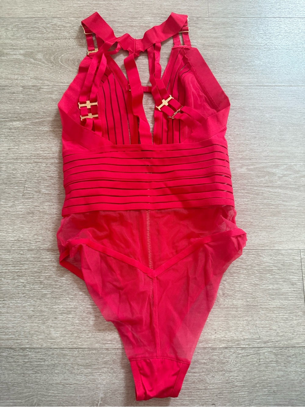 Honey Birdette LINDA C. Raspberry Red Striped Bodysuit Size S Gold Hardware - Picture 3 of 9